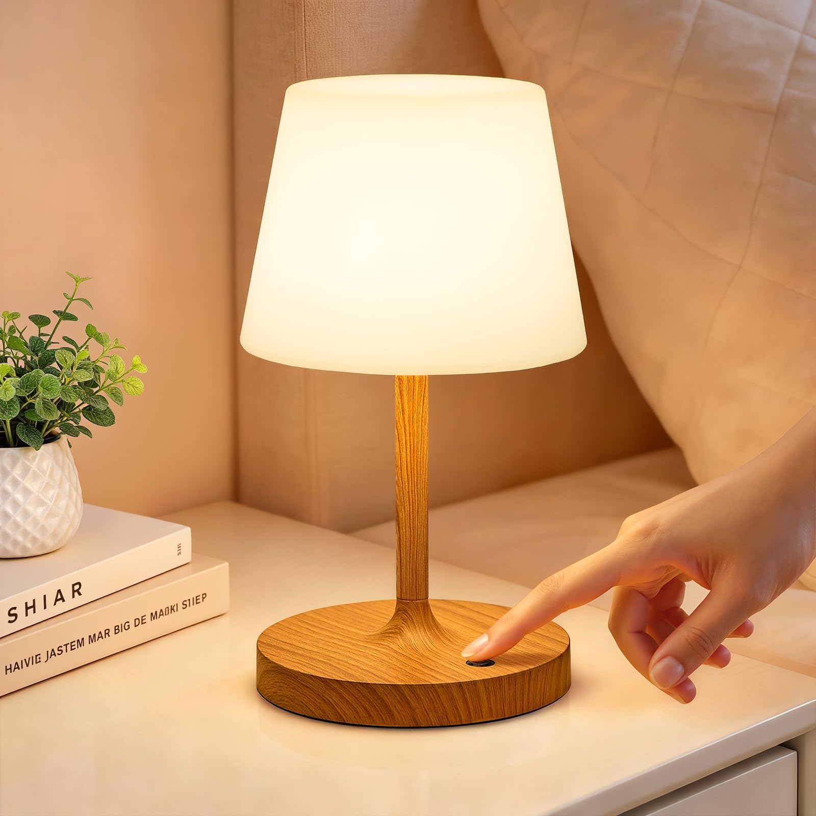 LED Tischlampe Kabellos, Nachttischlampe Touch, Tischlampe Kabellos Akku mit Stufenlos Dimmbar & Memory Funktion, Touch Nachttischlampe Dimmbar für Schlafzimmer, Café, Outdoor, Holzmaserung
