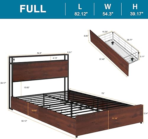 Miniatura 86 de Base de cama de tamaño matrimonial con cabecero, plataforma LED con 4 cajones de almacenamiento, estación de carga integrada, sin ruido, base de