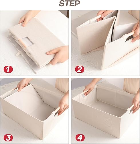 Miniatura 8 de ANMINY Juego de 2 contenedores de almacenamiento grandes plegables de tela de lino de algodón con asas de madera, cubos decorativos para estantes,