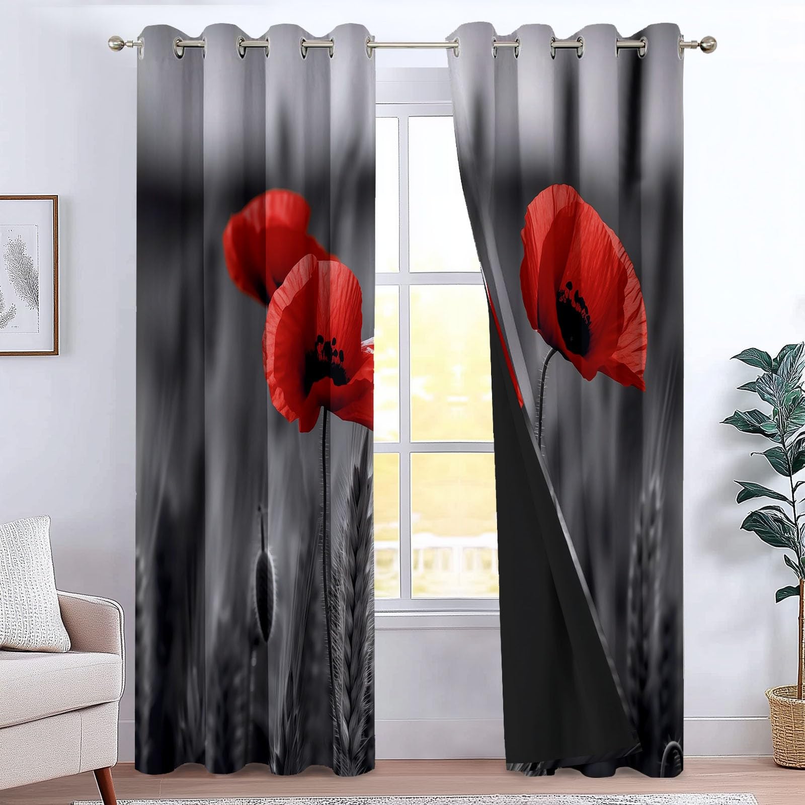 Rideaux occultants thermiques pour bloquer le froid et la lumiere motif fleurs de pavot