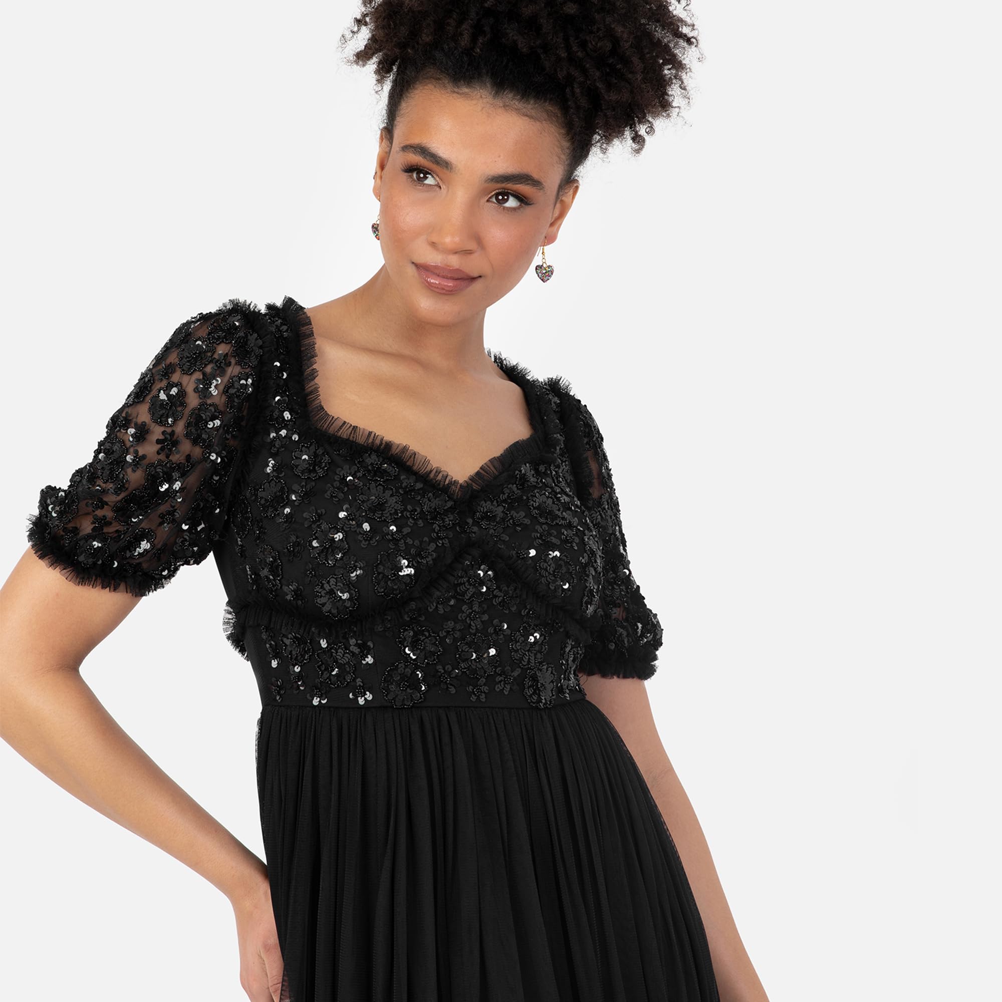 Maya Deluxe Women's Ladies Midi sukienka krótkie rękawy Sweetheart Neckline 3D Floral Embellished Ruffle Tiul A-line Occasion czarna 38, czarny, 38