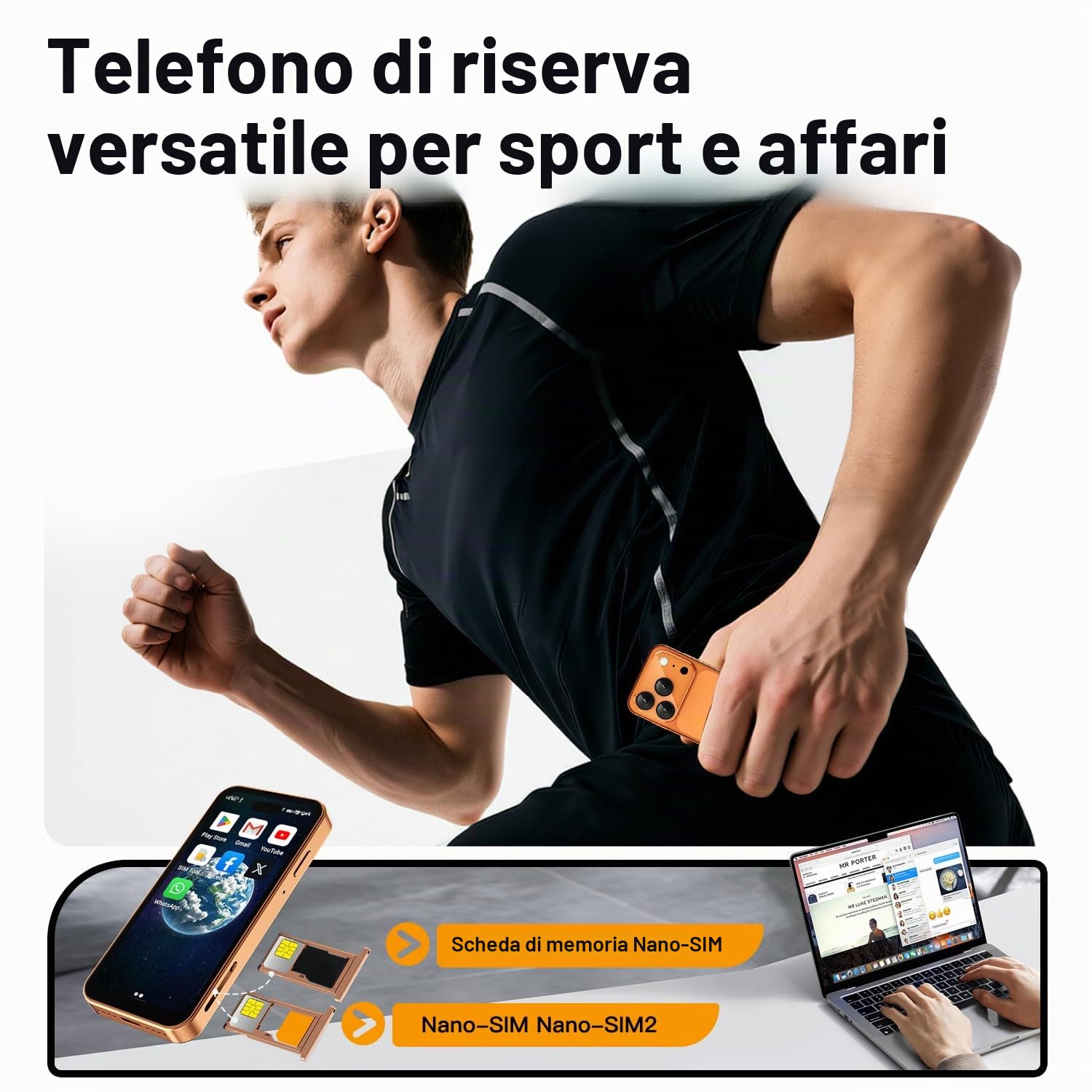 Mini Smartphone 4G, 4GB+64GB, Doppia SIM, Schermo da 3,88 pollici, Android 12, Telefono Compatto per Bambini e Studenti (Arancione)