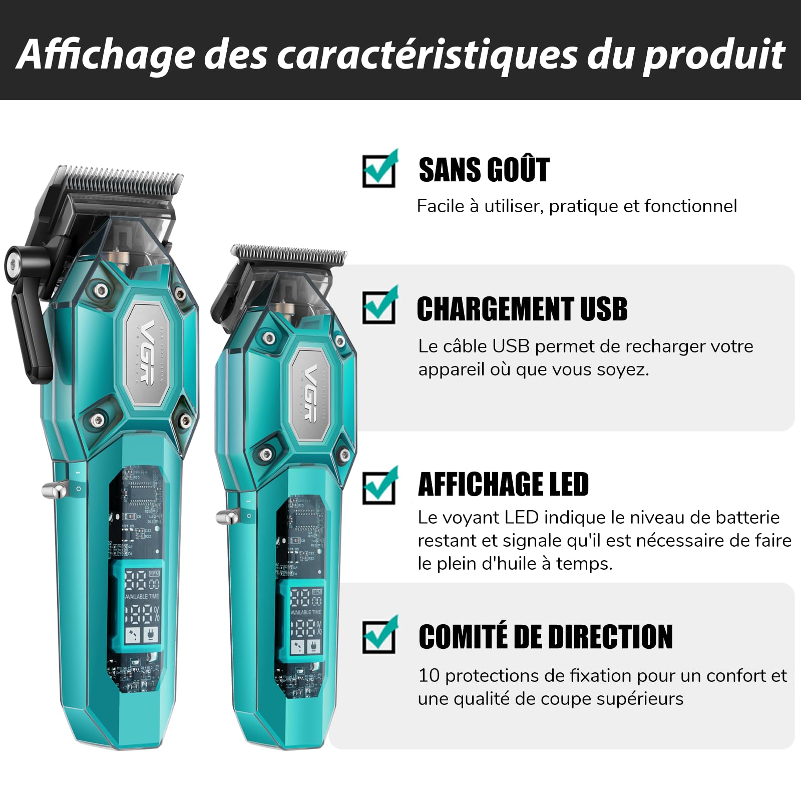 VGR Tondeuse Cheveux Hommes Professionnel Sans Fil | Kit Tondeuse à Cheveux Homme avec 10 Peigne de Limite, Rechargeable USB avec Écran LED