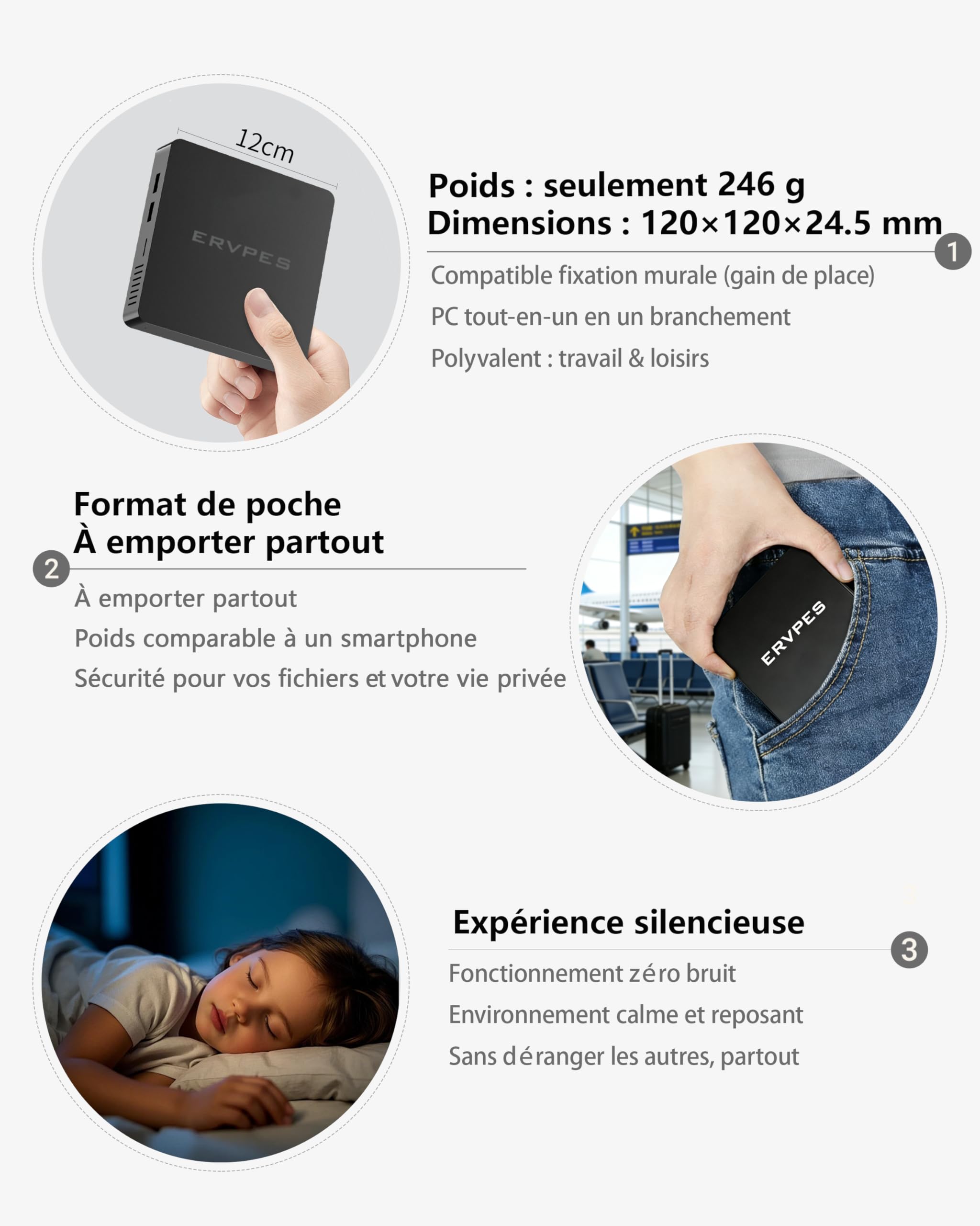 Mini PC Pentium 6500Y 8GB LPDDR3 128GB SSD Windows 11 Pro 4K Double Écran WiFi5 BT5.0 Gigabit Ethernet USB3.2 VESA Silencieux