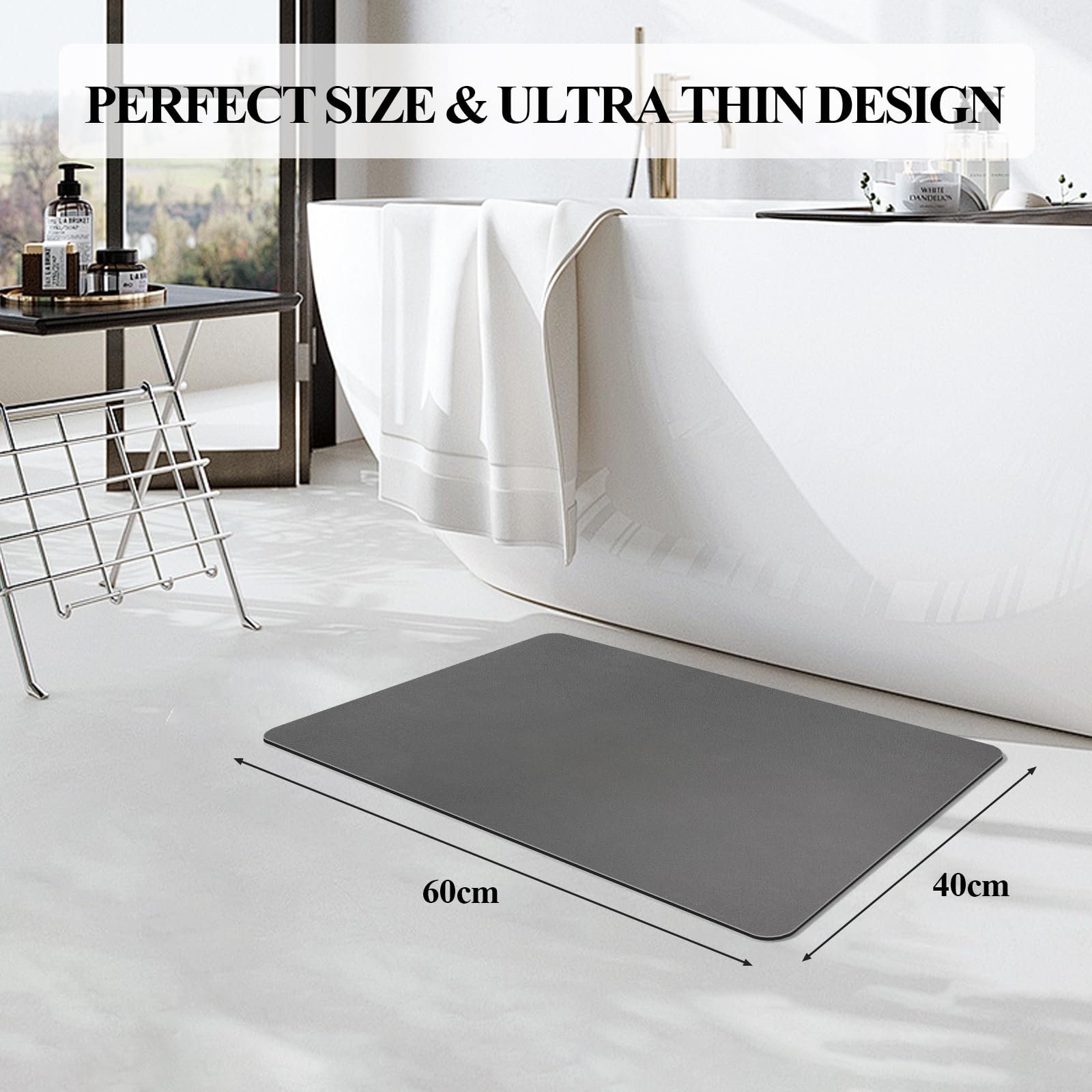 Tapis de Bain Antidérapant Super Absorbant Diatomite Tapis Salle de Bain Microfibre, Microfibre de Doux Séchage Rapide, pour Portes de Salle de Bains, Salon (Gris Foncé, 40x60cm)