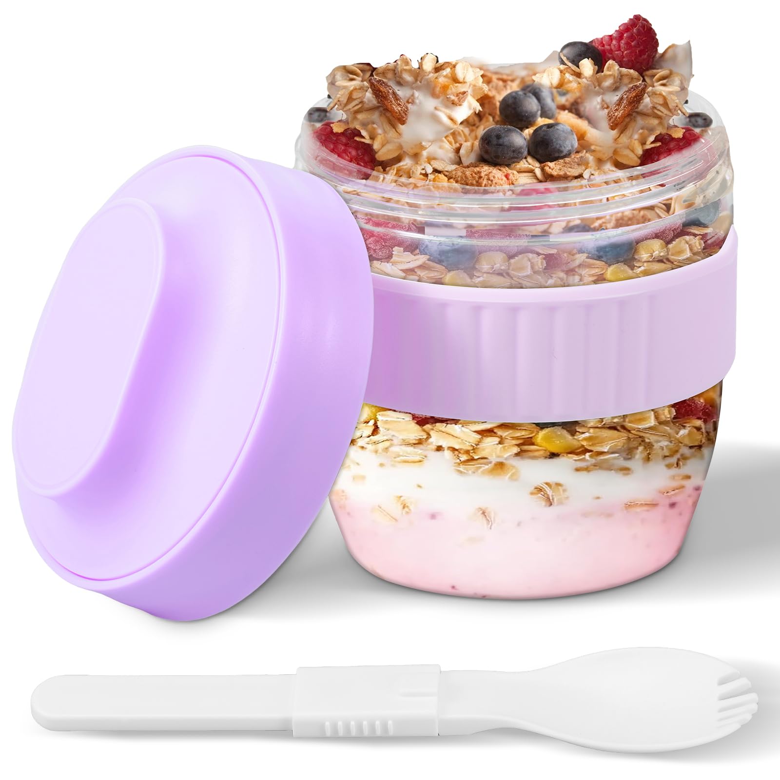 Overnight Oats Jar Container with Lid and Spoon Overnight Oat Container Leakproof Breakfast Pot Reusable Yoghurt Pot Breakfast Jar Oatmeal Salad Cup Cereal On The Go Cup Meal Prep Canister (purple)