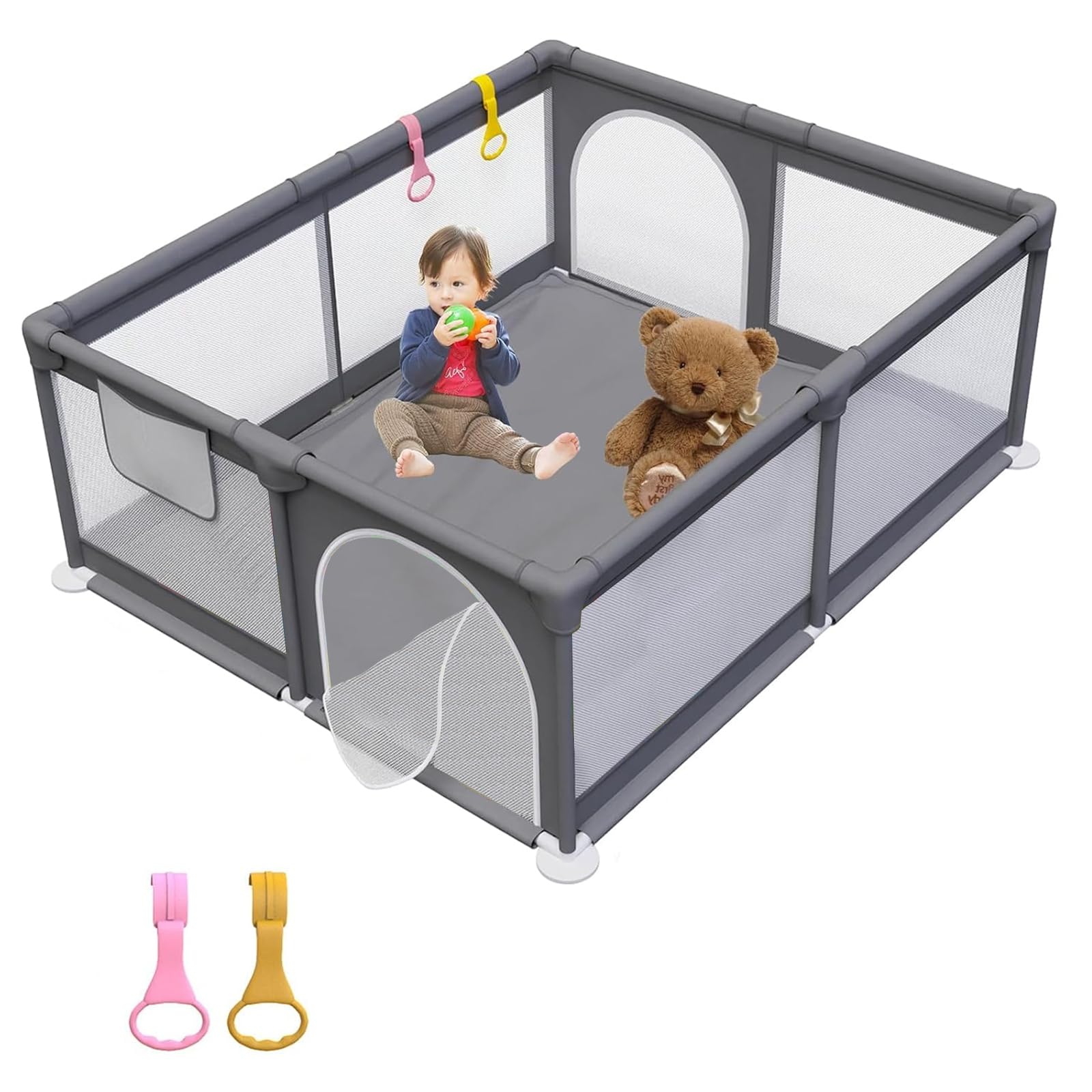 Box per bambini, 150 x 180 cm, con 2 anelli di trazione | base antiscivolo, porta con cerniera interna, tessuto Oxford impermeabile, tubi in acciaio ispessito