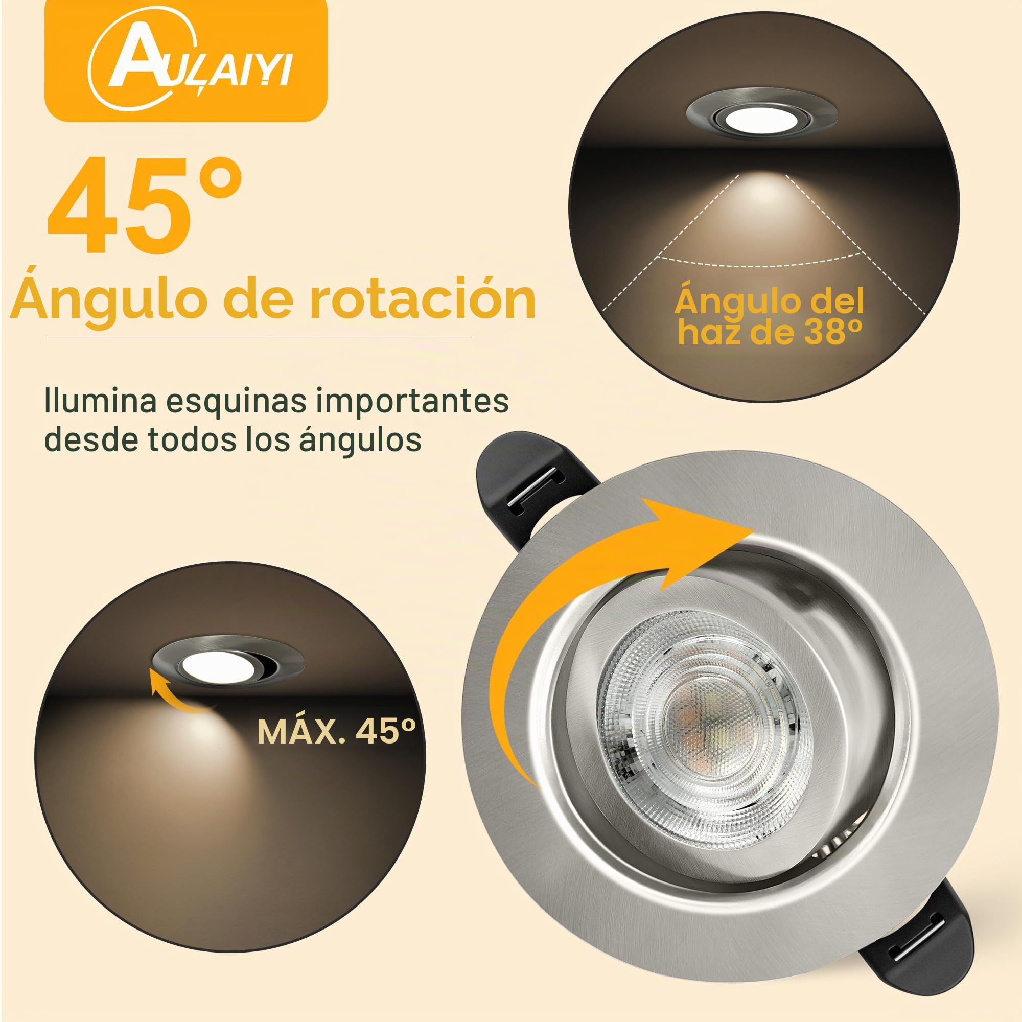 3CCT Downlight LED Techo Empotrable 230V Regulable 68mm 5.5W IP44 Ojos de Buey Extraplano Focos LED Interior Techo 45° Giratorio Foco Empotrable para Baños, Níquel 6 Pack