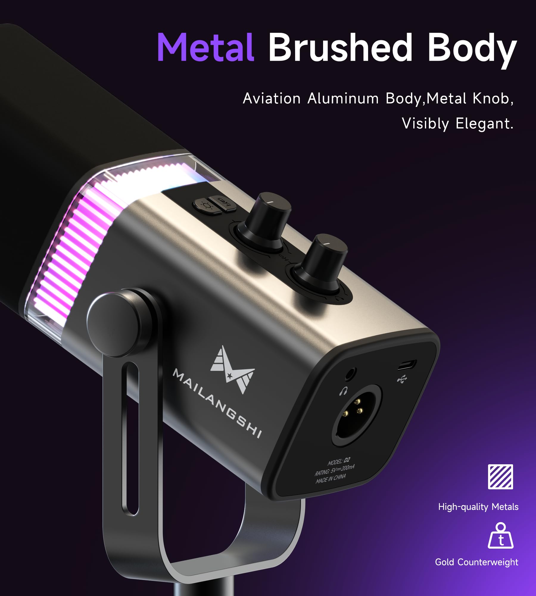 MAILANGSHI 192KHz/32bit Microfono Podcast Dinamico per PC, USB e XLR con RGB, Supporto, Muto, Metallo, Controllo Gain/Volume, Microfono Gaming per Live Streaming