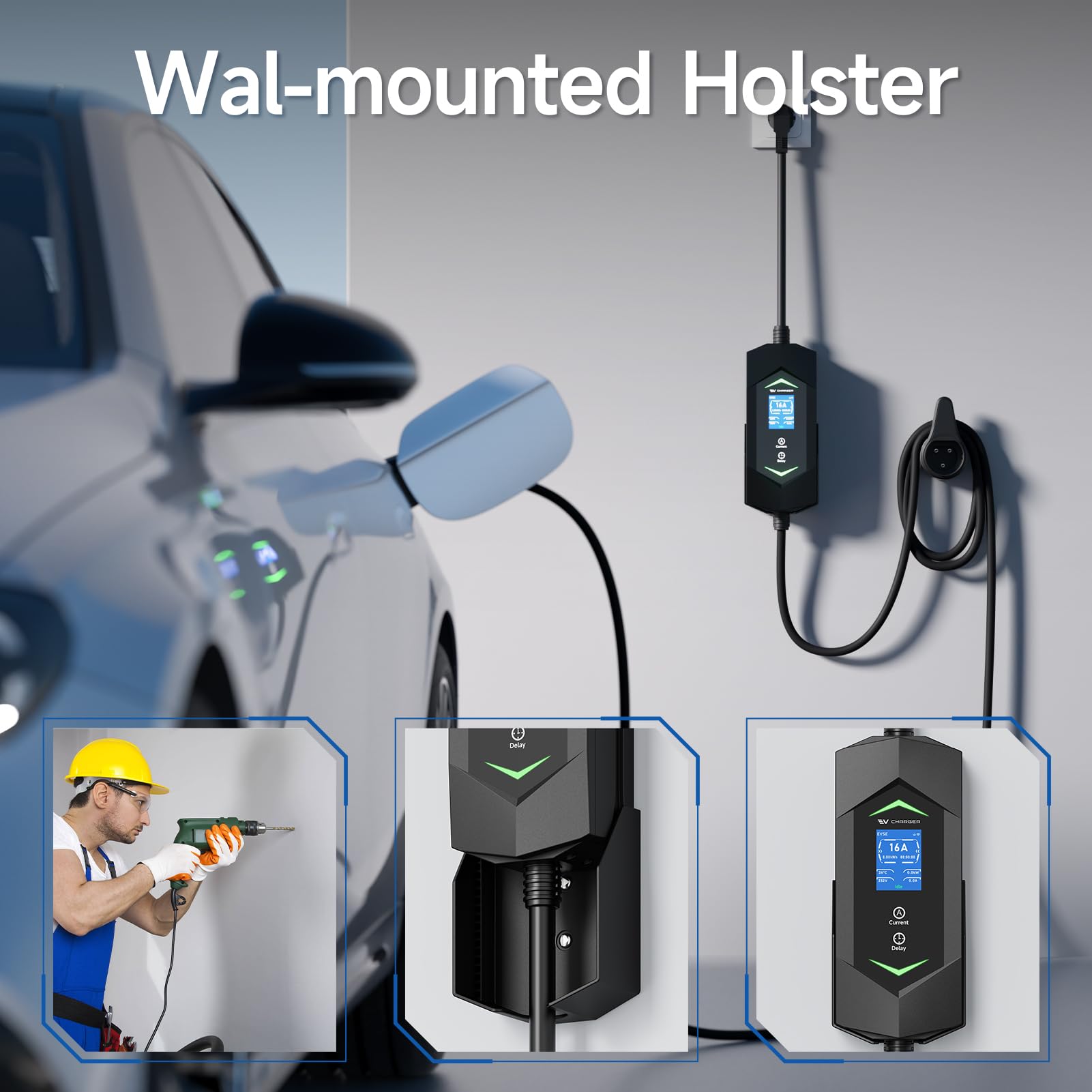 Cavo di Ricarica Tipo 2 Schuko 3,68kW 5m, 6-16A 1-Fase Tipo 2 Cavo di Ricarica, Caricabatterie EV Portatile con Display Digitale, Regolazione della Potenza & Timer (0-15h) per tutti i PHEV & EV