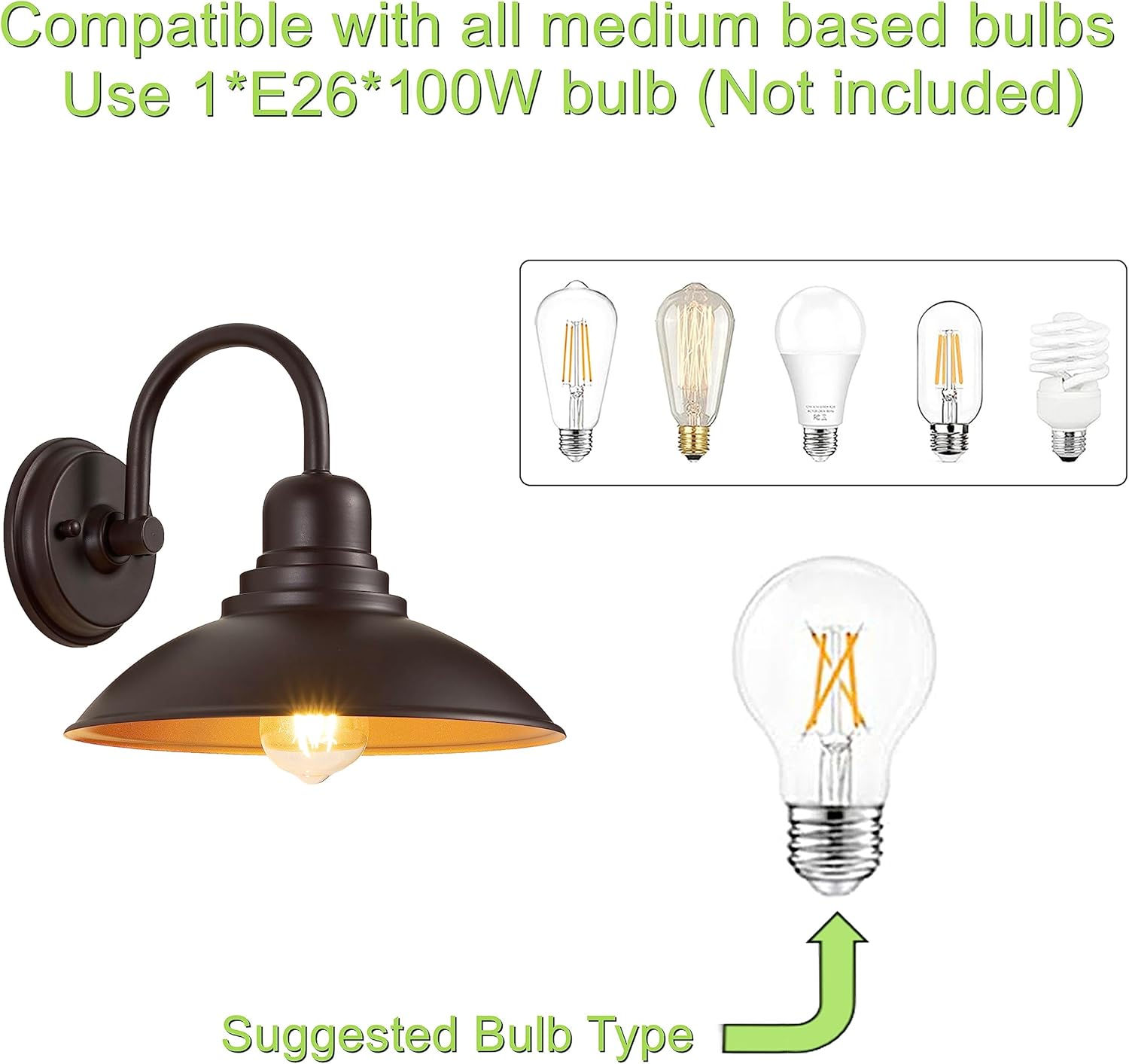 GOLDHILL 10.5" Bronze Gooseneck Metal Outdoor Barn Light 2-Pack, Powder Coated Anti-Rust Farmhouse Exterior Wall Sconce with Gold Interior, Wet Location Rated for Porch, Garage, Bathroom Vanity