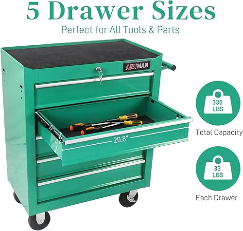 Vista 25 de Caja de herramientas de 5 cajones con ruedas, carrito de herramientas multifuncional para garaje, almacén, taller, taller de reparación (azul)