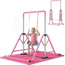 Expandable Kids Gymnastics Kip Bar - Upgraded Dual Base, Folding Adjustable Height 44-60, 350LBS Weight Limit, Anti-Slip Suction Feet, Home Training Bar for Kids Ages 3-13 Pink