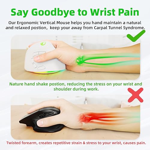 Vista 2 de Ratón ergonómico vertical inalámbrico recargable RGB de 2.4G y BT 5.1, 5 botones laterales, máximo 8400 DPI, para PC, portátil, para Windows 11 10