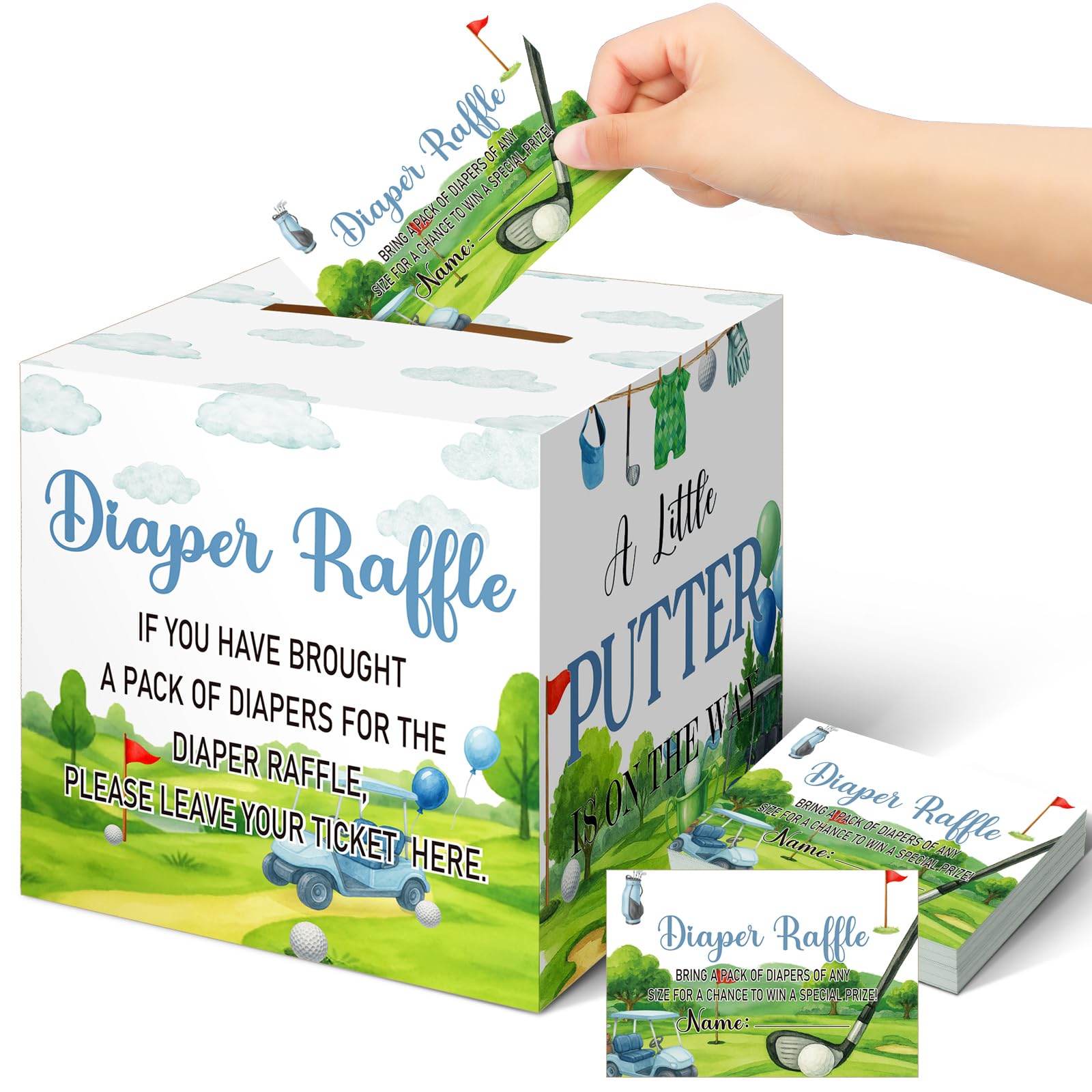 Teling 51 Pieces Diaper Raffle Tickets with Card Box,Golf Style