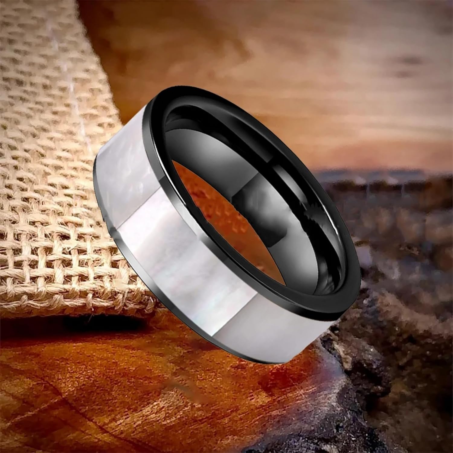 8 mm White Mother of Pearl Shell Inlay Plane Polished Black Tungsten Ring for Men Women Engagement Wedding Band