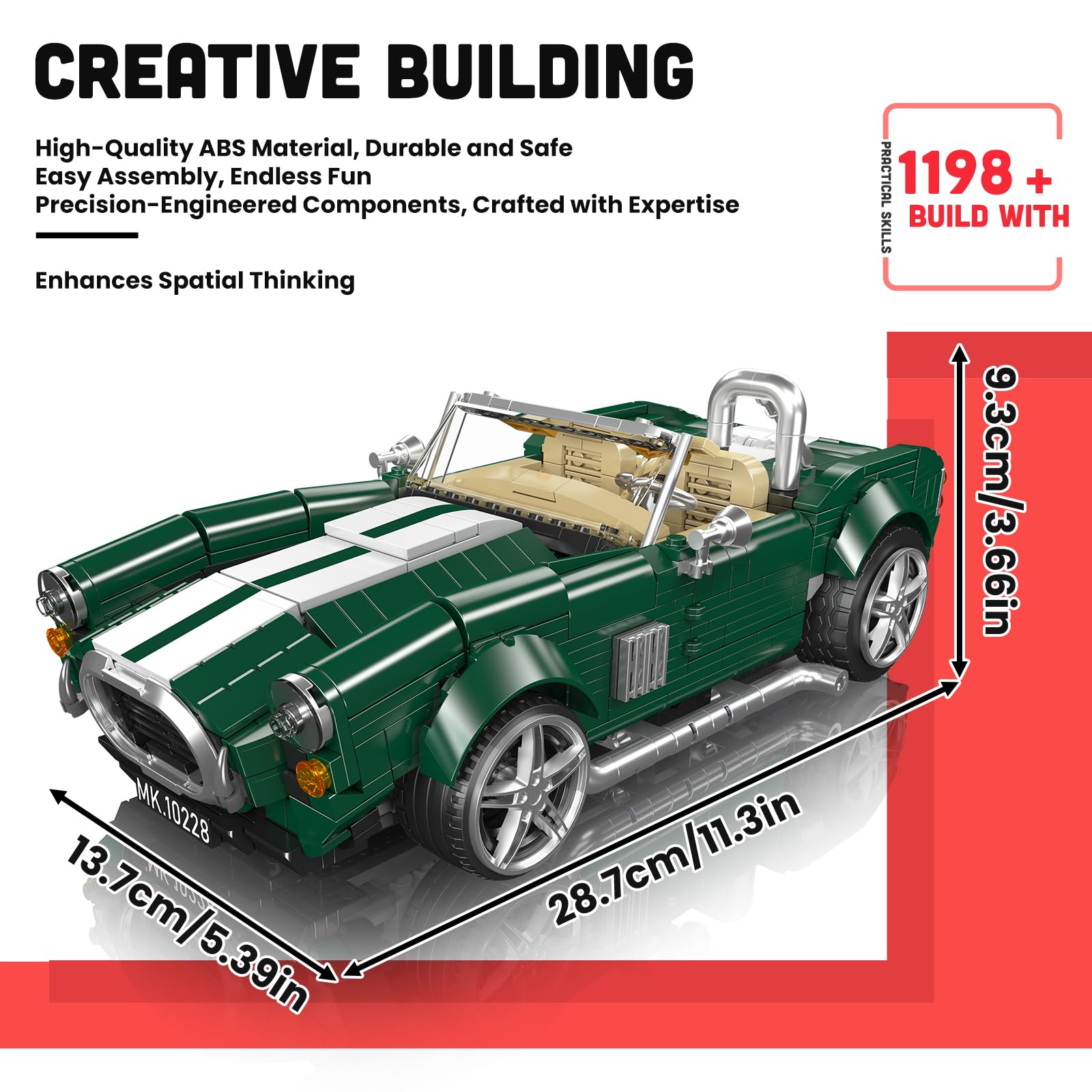 Mould King Juego de construcción vintage convertible, 1198 piezas, coche deportivo retro, juguete de construcción para adultos y niños a partir de 14 años, 10228