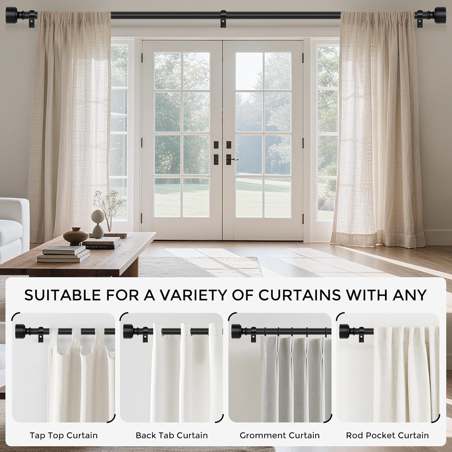 Black Curtain Rods for Windows 72 to 144 Inch(6-12ft), 1 Inch Diameter Heavy Duty Curtain Rod, Adjustable Decorative Drapery Poles 72-144", Matte Black