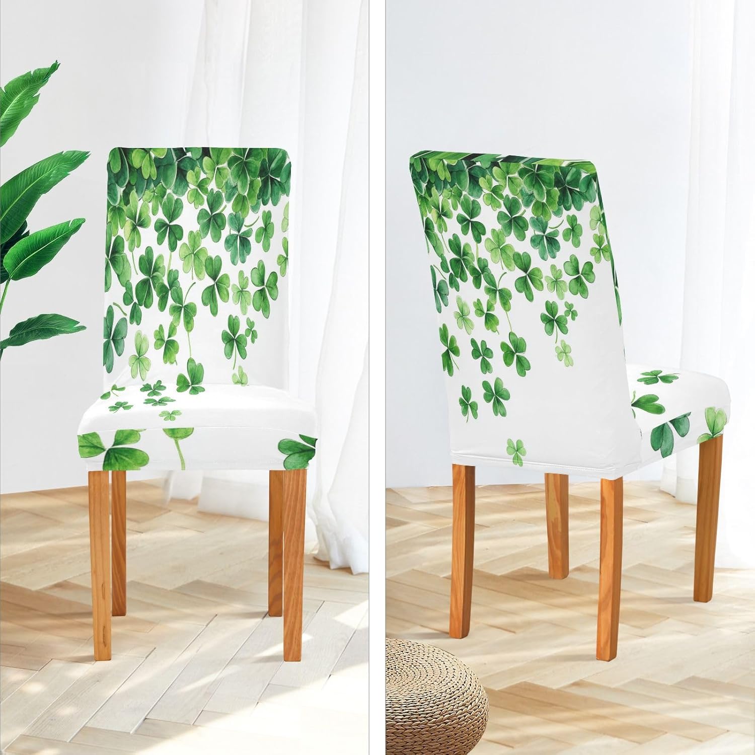 ALAZA Chair Covers for Dining Room, St. Patrick's Day Green Clover Leaves on White Stretch Chair Cover Sets Chair Protector Removable Washable for Ktichen Restaurant Hotel