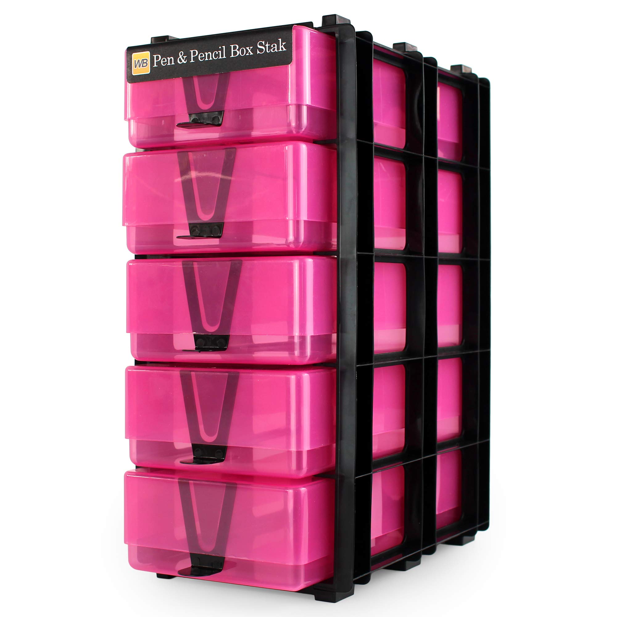 WestonBoxes Box Stak Storage Unit Including 5 Pen & Pencil Storage Boxes for Stationery and Office Supplies (Pink, Pack of 1)