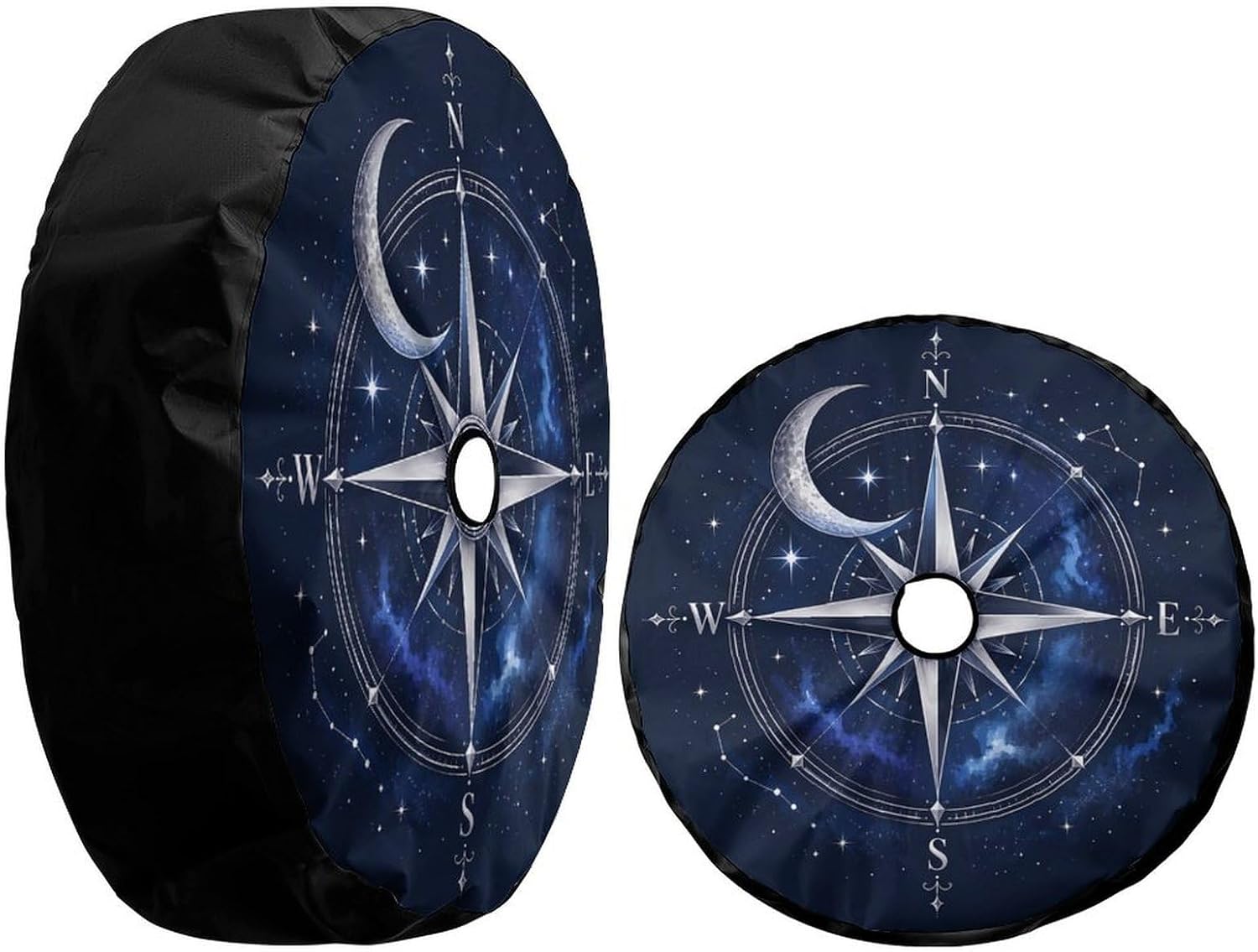 Dark Blue Moon Celestial Compass Spare Tire Cover with Backup Camera Hole Waterproof Dust-Proof UV Sun Wheel Covers for RV Trailer RV SUV Truck and Many Vehicle 17inch