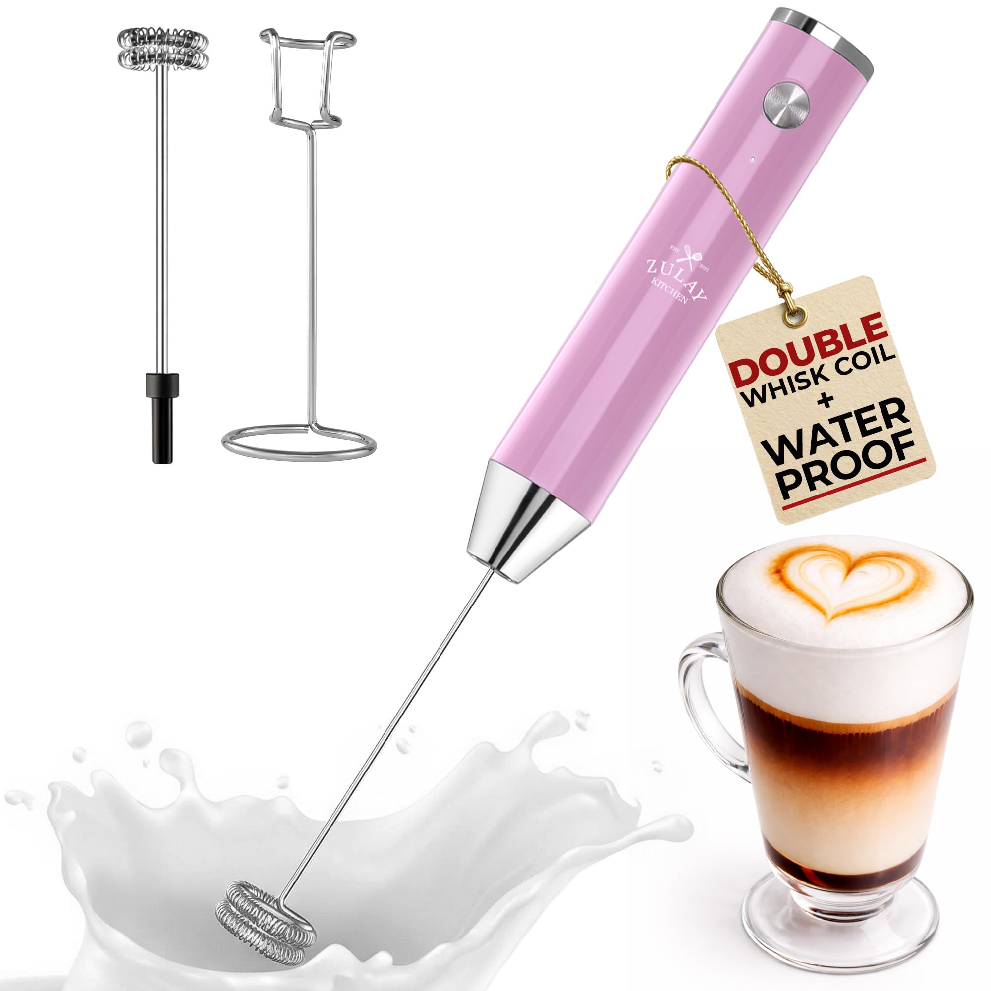 Zulay Kitchen Rechargeable Milk Frother Handheld - Frother Wand, Drink Mixer, Electric Whisk Frother, for Cappuccinos, Matcha &amp; Protein Powder - Lux Double Whisk 2 Speed Waterproof 2000mAh Pink