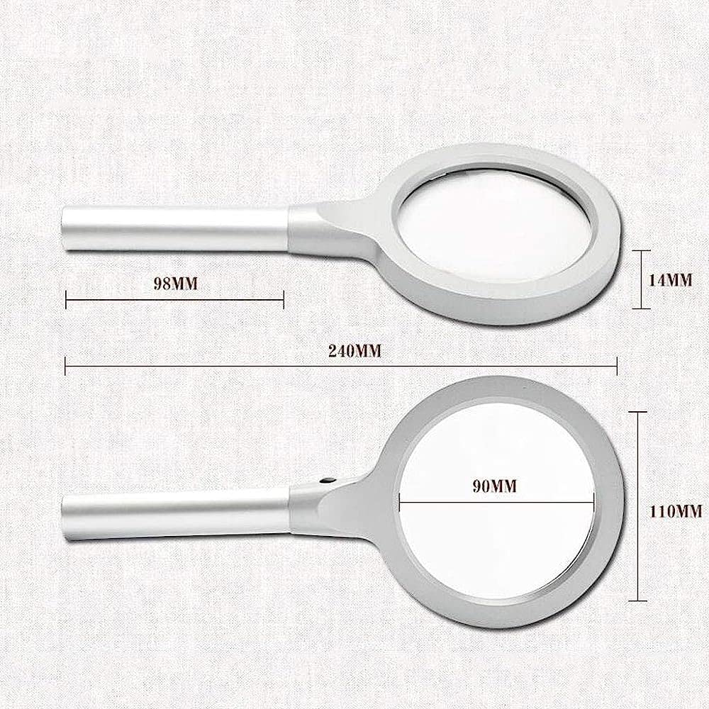 Leselupe, Handlupe mit Ganzmetallgehäuse, LED-Lampe und Staubbeutel