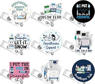 9 Pcs Anesthesia Badge Reel Christmas Gifts CRNA Retractable ID Badge Holder Acrylic Anesthesiology Gift for Hospital Anesthetist Doctor Anesthesiologist ICU Nurse Resident Surgical Tech