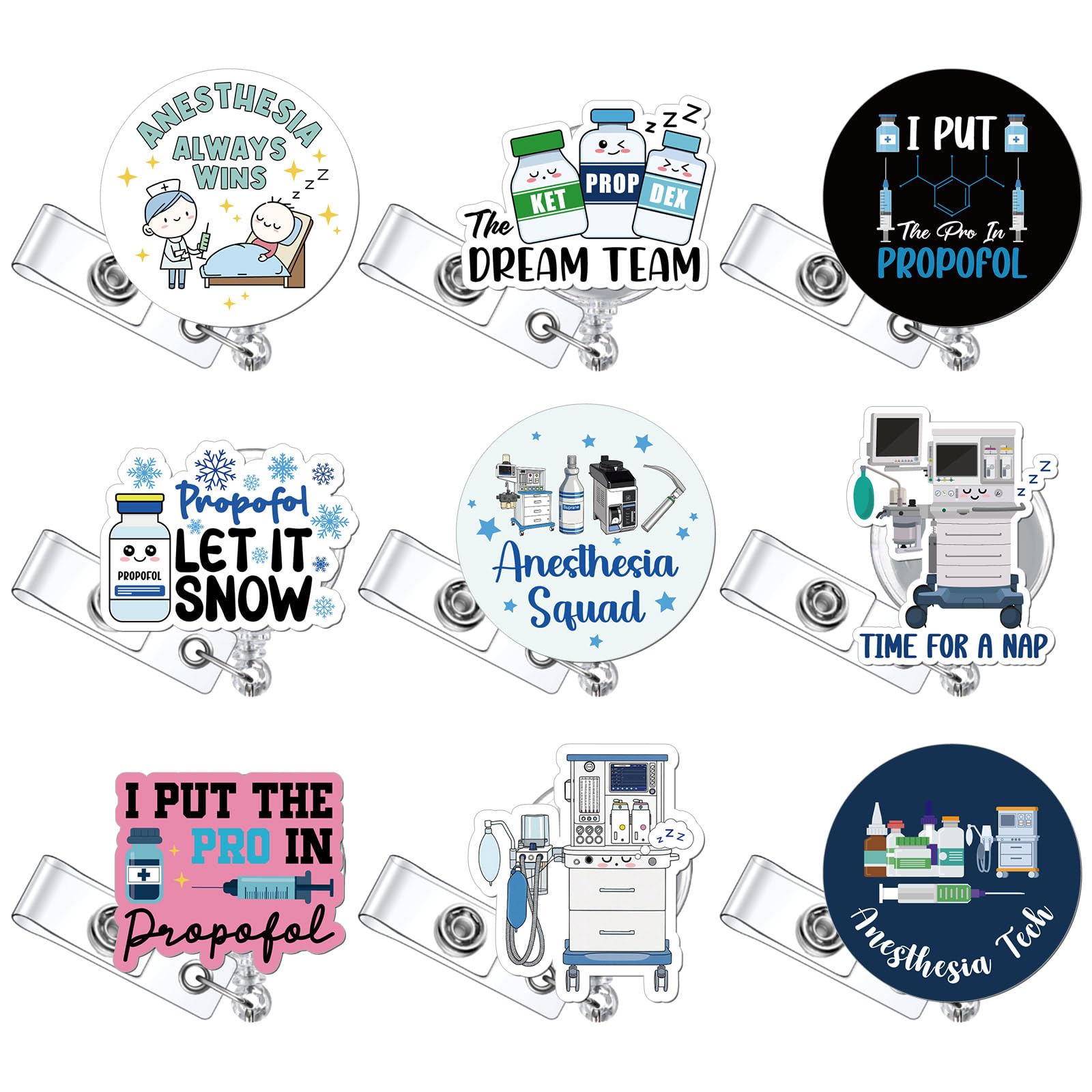 9 Pcs Anesthesia Badge Reel Christmas Gifts CRNA Retractable ID Badge Holder Acrylic Anesthesiology Gift for Hospital Anesthetist Doctor Anesthesiologist ICU Nurse Resident Surgical Tech