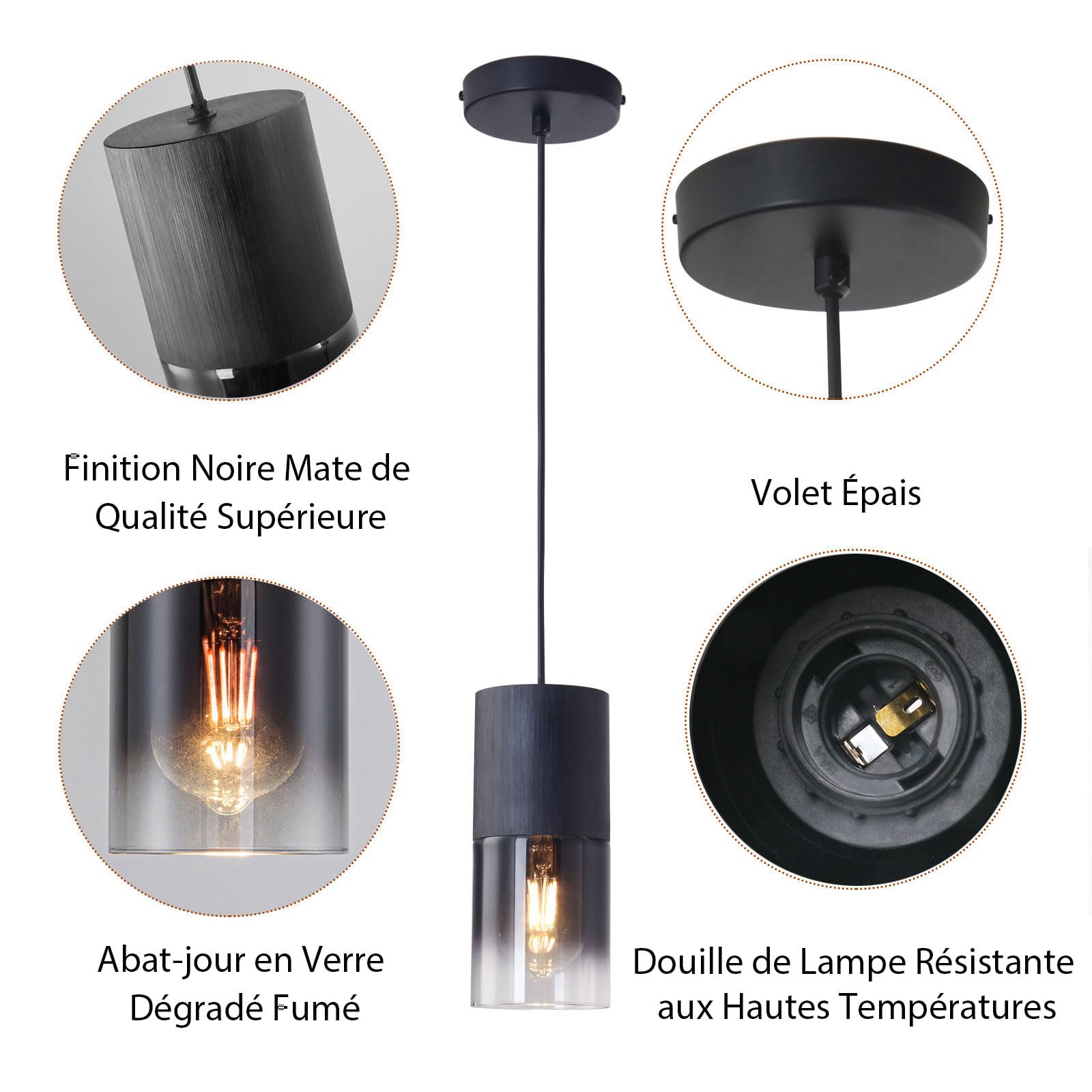 Lustre Noir, Lustre Salon Appareils de Lustre Chambre, Modèles Modernes Réglables pour Île de Cuisine, Lampes en Verre Industrielles pour Table à Manger, 1 Pièce, Ampoules Non Incluses