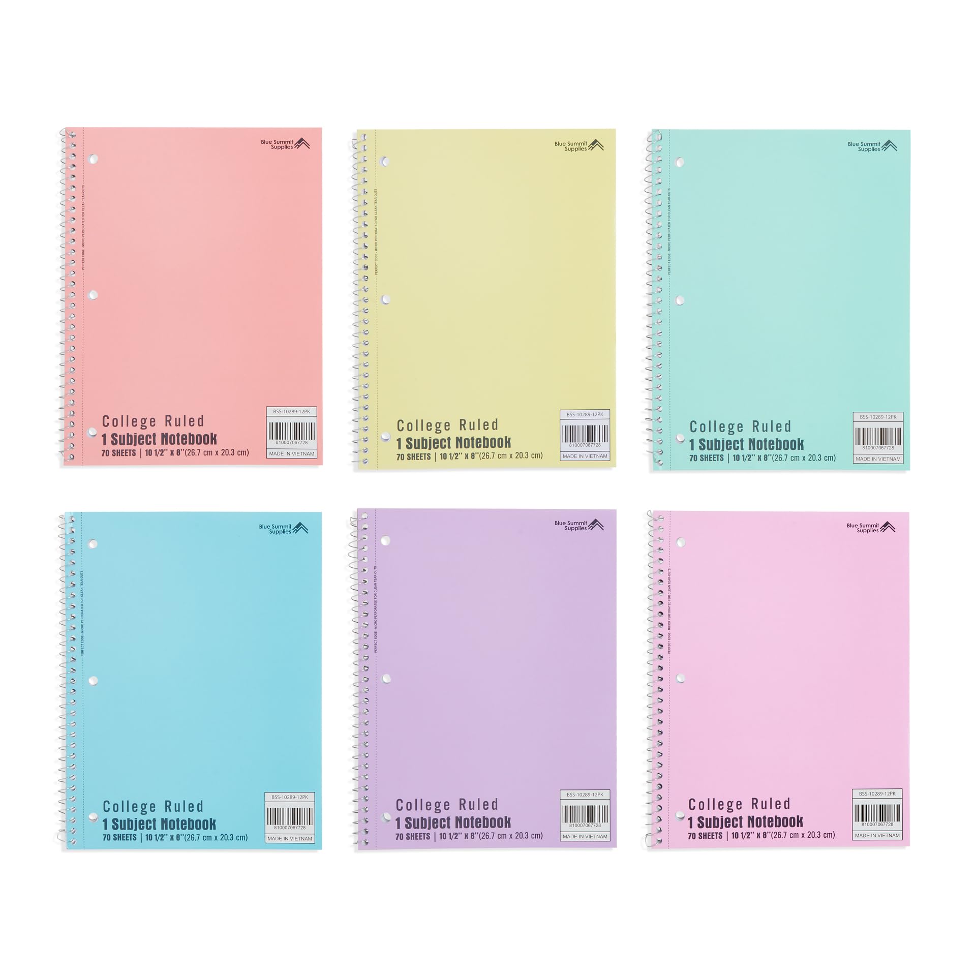 Blue Summit - Cuaderno de espiral pastel con rayas universitarias, cuadernos escolares de una asignatura, cuadernos perforados a granel, libro escolar de 8 x 10.5 pulgadas, papel, rayas universitarias