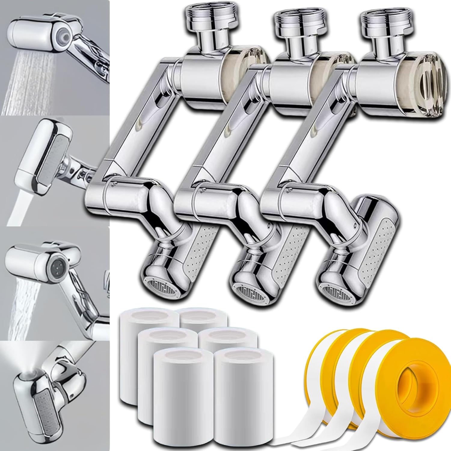 1080° Rotating Faucet Extender with Upward Facial Mist, 4 Water Modes & Built-In Filter, Large-Angle Rotating Splash, Rotatable Spray Attachment, for Bathroom Kitchen Washroom (Long,3pcs)