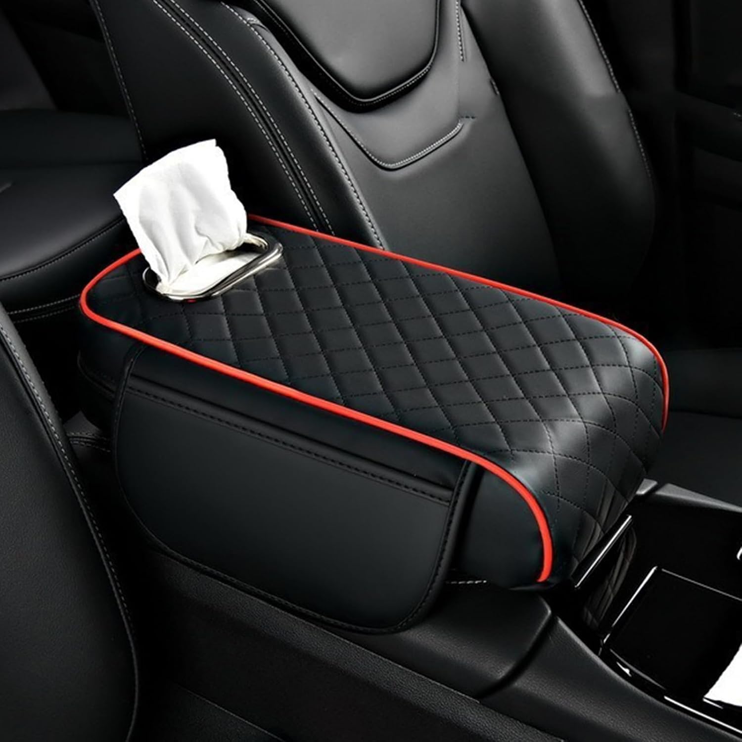 Car Center Console Cover for Mini Cooper S F54 F55 F56 F57 F60 4-Doors, Leather Car Armrest Box Mat, Arm Rest Protector Cushion, with Tissue Slot and 2 Storage Bags Auto Accessories,Black