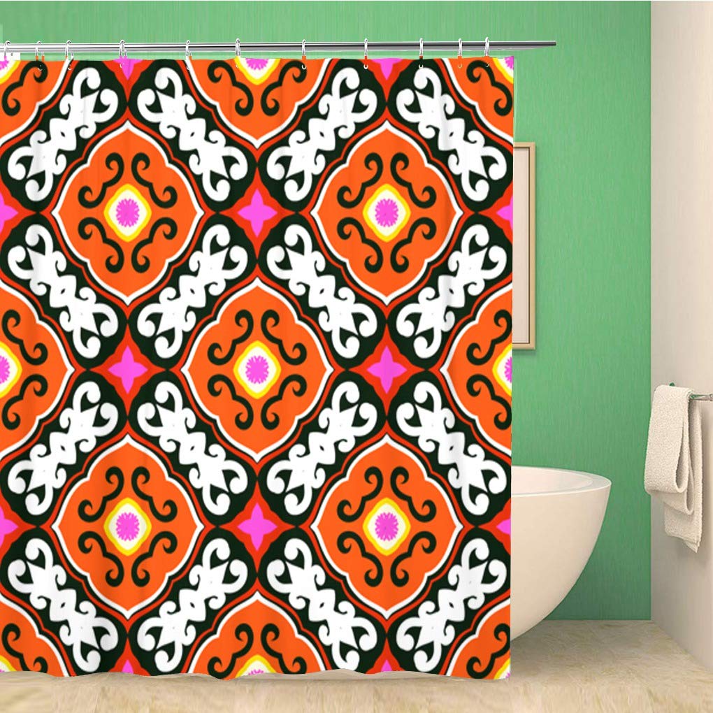 Bathroom Shower Curtain Suzani Ethnic Pattern Uzbek Turkish and Kazakh Motifs Polyester Fabric 60x72 inches Waterproof Bath Curtain Set with Hooks