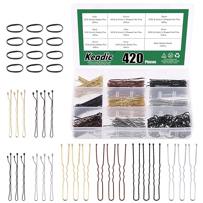 Keadic 421Pcs Metal Hair Pins Kit with Storage Case Includes 2”Bobby Pins, 2.4”U