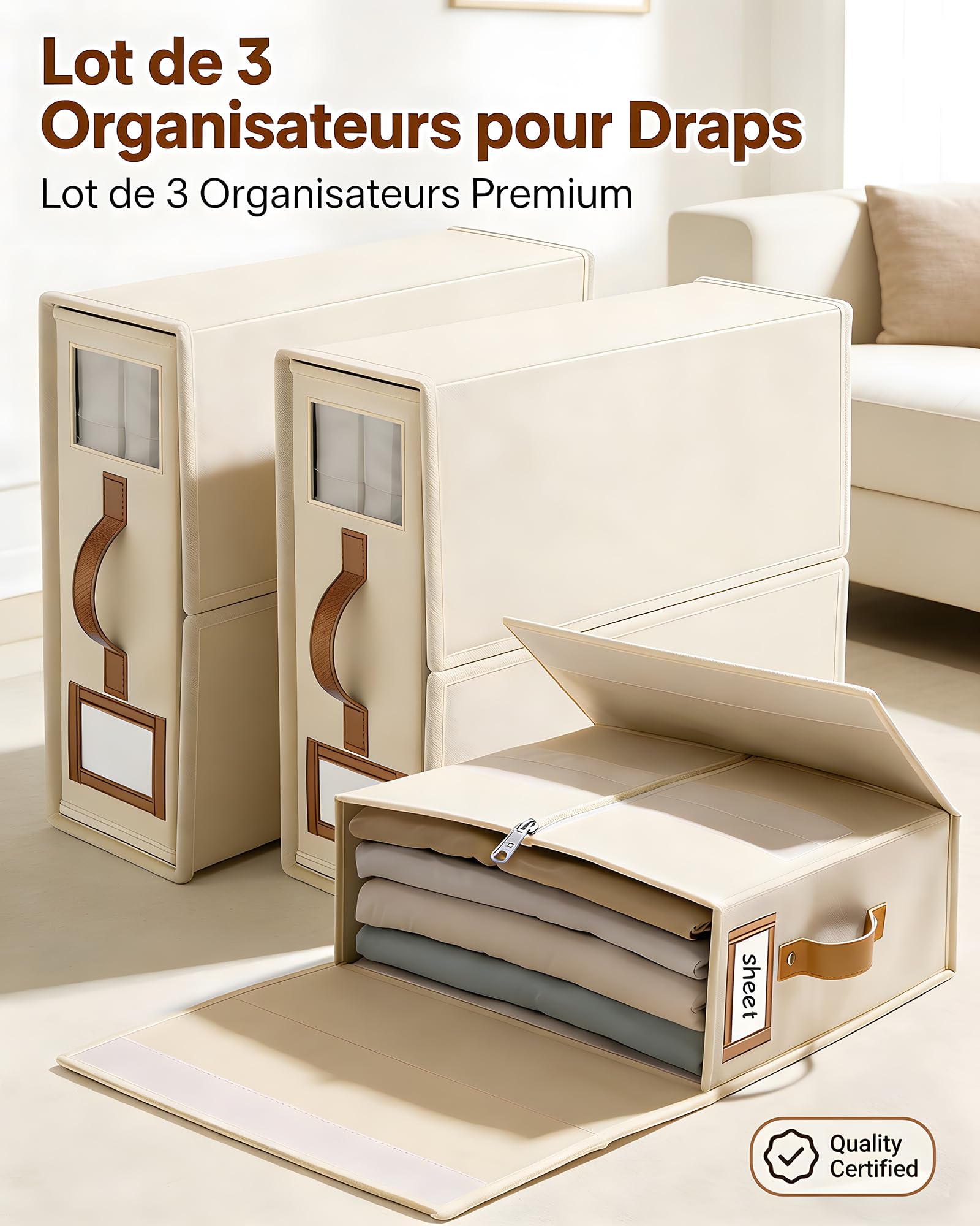 SwartLife Lot de 3 Rangement Drap de Lit en Lin - Organisateur de Linge de Maison Pliable pour Draps King Size & Couettes - Boîte de Rangement Armoire avec Fenêtre & Étiquette - Ivoire