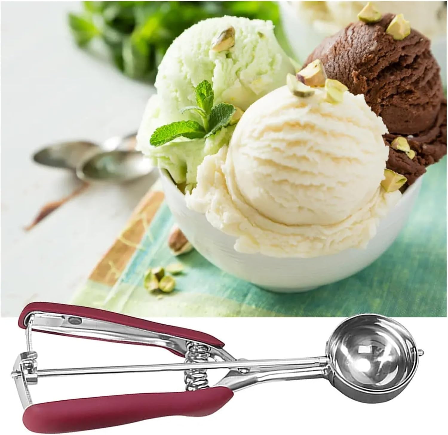 Ice Cream Scoop Stainless Steel Cookie Dough Spoon Fruit Potato Spring Handle Kitchen Accessories(Wine Red,5cm)