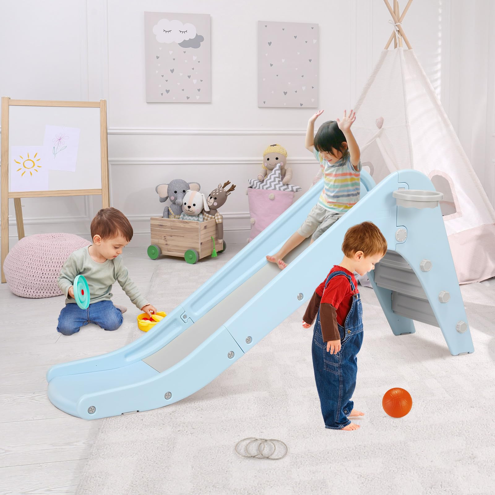 Toboganes Infantiles Interior, Tobogan Bebe 190CM, Tobogán para Niños con aro de Baloncesto y Contera, Toboganes Infantiles para Parque Interior y Exterior, Tobogán Infantiles de 1-6 año,Azul Grisáceo