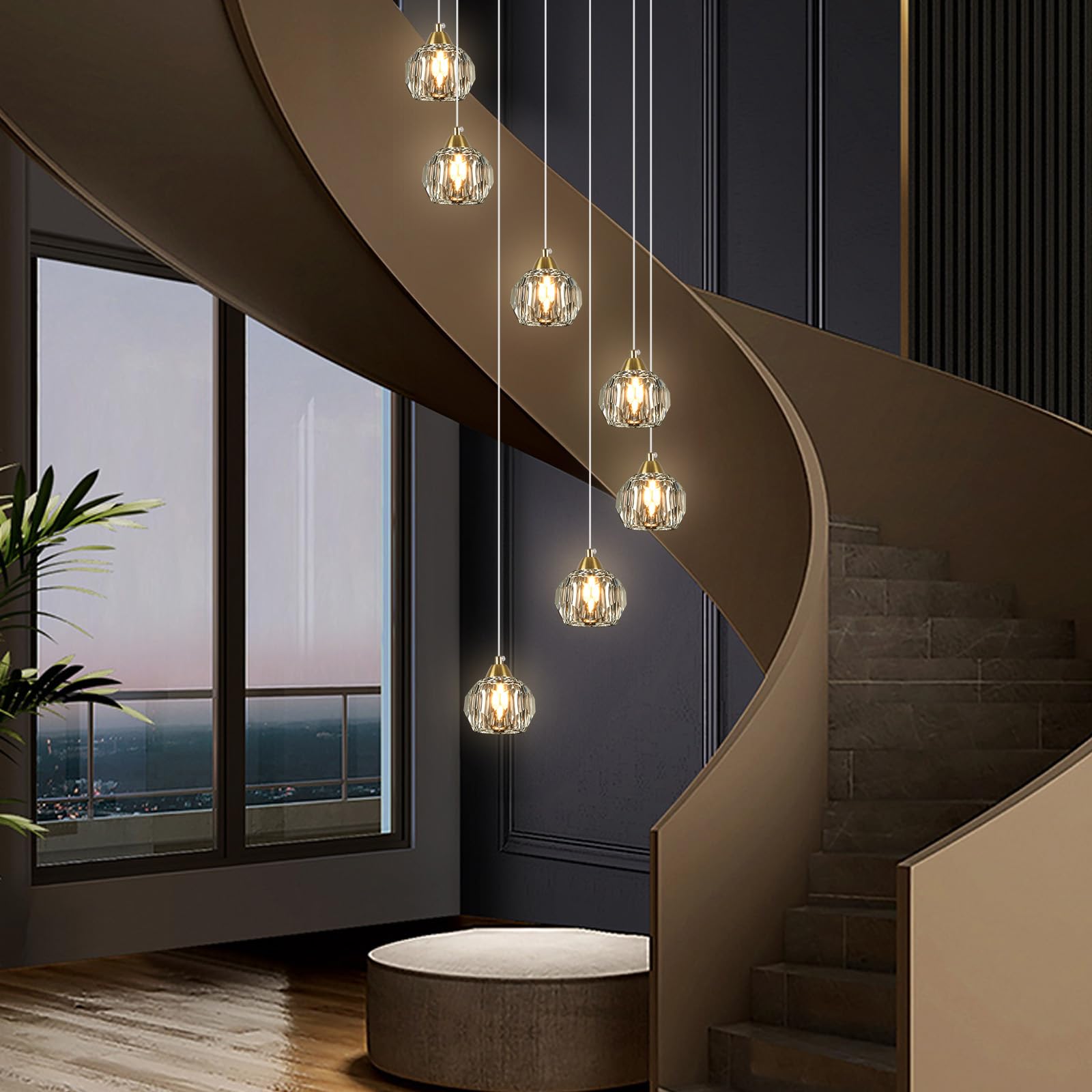 crystal chandeliers for staircases, 7-light gold modern chandeliers for high ceilings-crystal pendant light fixture for living room kitchen island foyer hallway bar