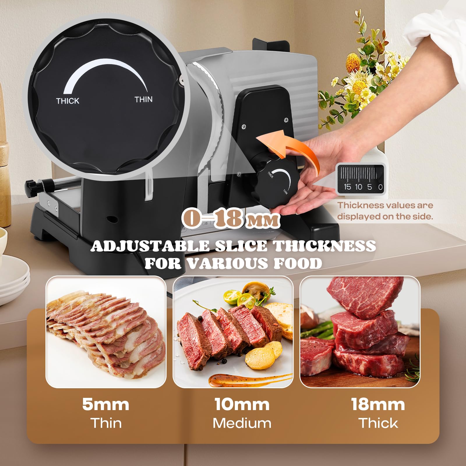 Affettatrice elettrica per carne, con protezione per bambini, spessore regolabile 0-18 mm, doppie lame in acciaio inox da 19,1 cm, per formaggio, verdura, prosciutto