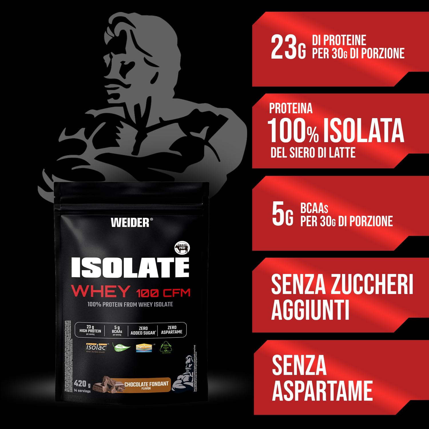 Weider Isolate Whey 100CFM (420g) Gusto Cioccolato Fondant, 23g Isolato di Proteine del Siero di Latte/porzione, Con Enzimi, Senza Zuccheri Aggiunti, 14 prozioni