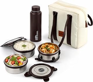 CELLO Urban Bite Lunch Box with Bag for Office Use, White Brown | 3 x 400ml Stainless Steel Containers, 800ml Water Bottle with Fork & Spoon, Leak Proof Airtight Clip Steel Tiffin Box Set for Travel