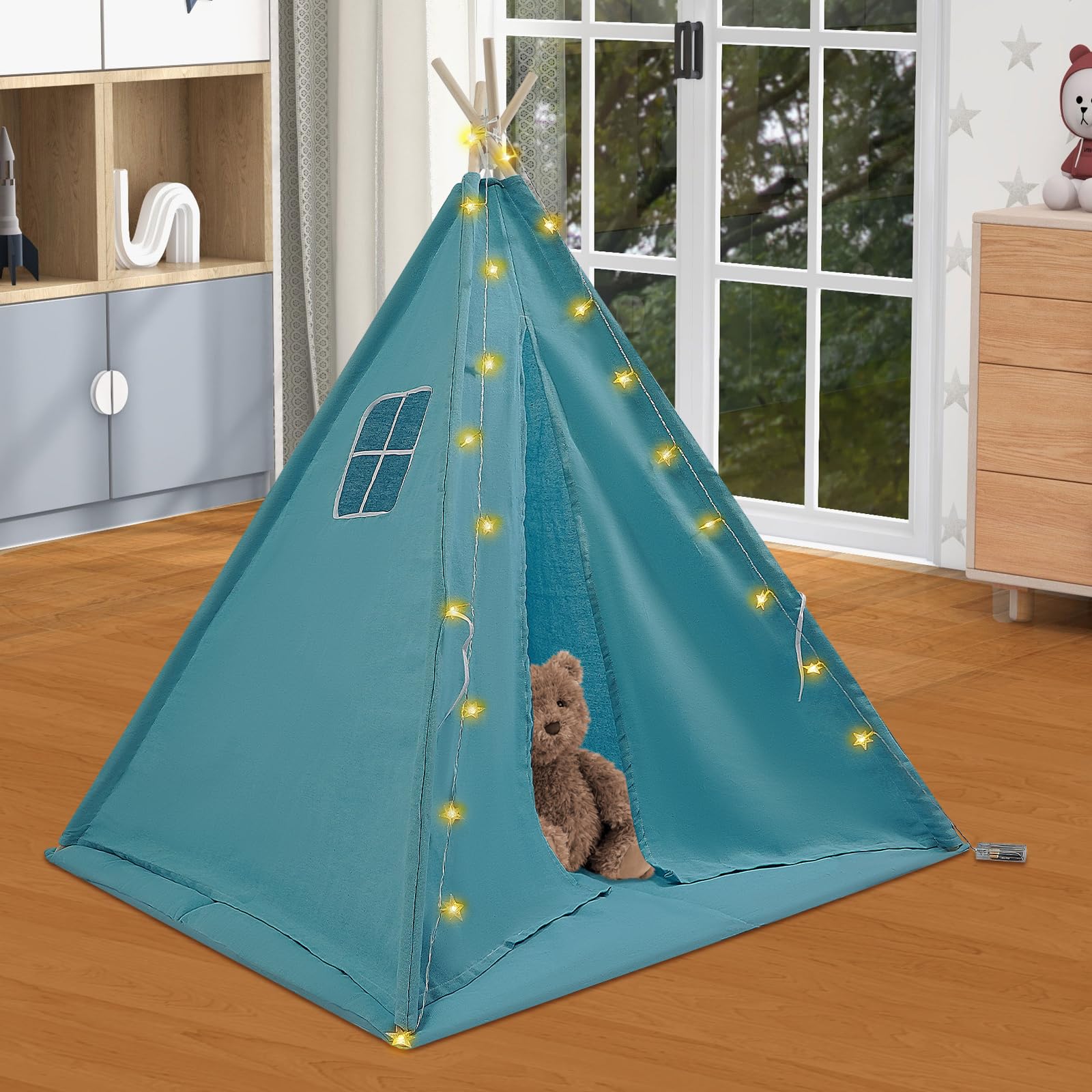 Tenda per Bambini 120x120x140cm con Luce, Tipi per Ragazzo 1,6m in Cotone Lino per Camera, Giardino, Spiaggia, Casetta da Gioco per Interno ed Esterno con Tappeto, Ghirlanda 3m