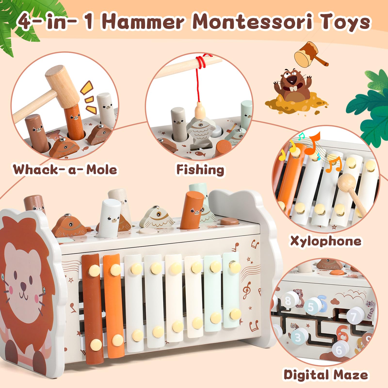 Jouet Montessori 1 an 4 en 1 Tape-Taupe Xylophone Bebe Pêche Labyrinthe Bois Educatif