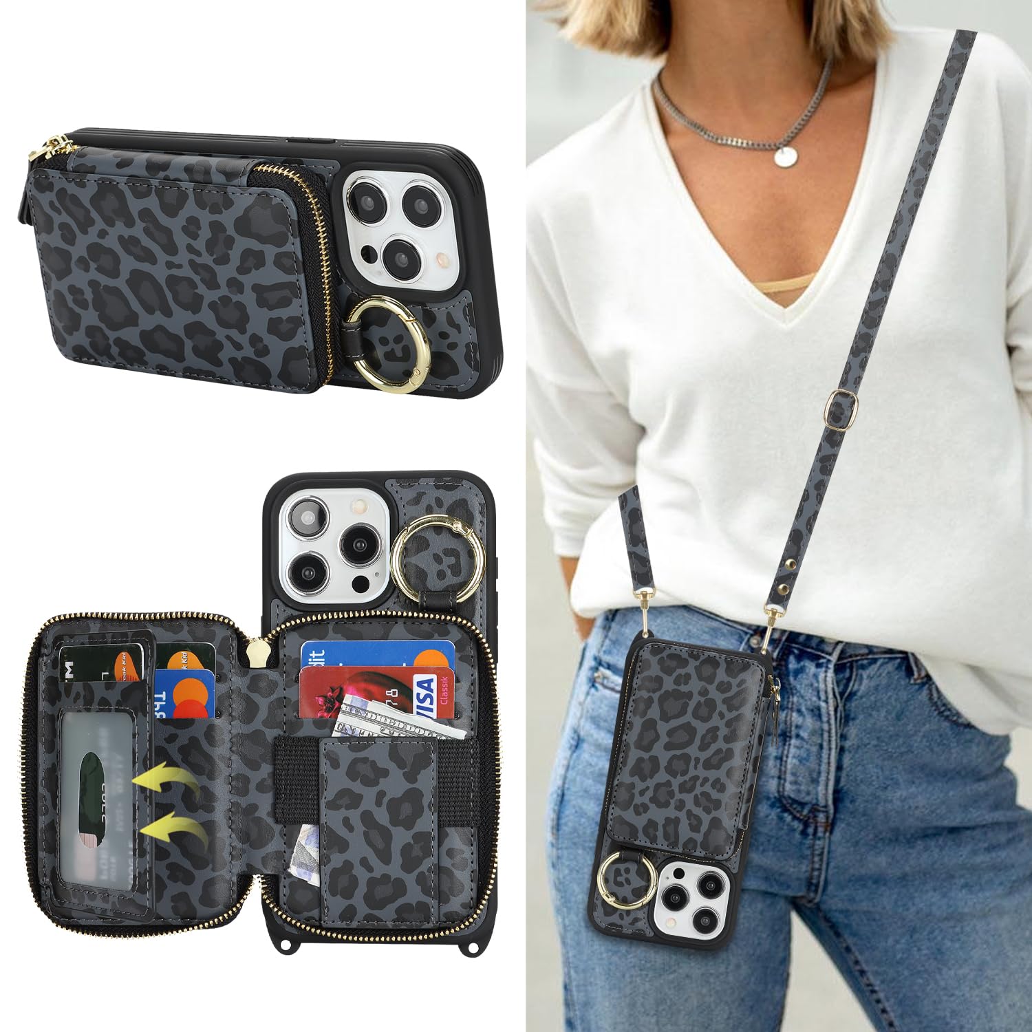 Crossbody Wallet Case for iPhone 13 Pro Max-Black Leopard