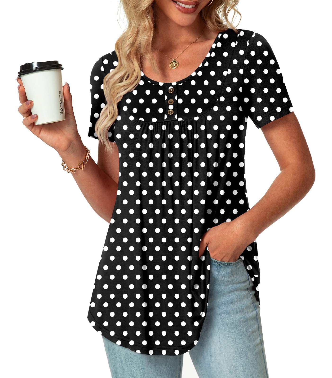 POPYOUNG Summer Womens Tunic Tops Loose Fit dressy Casual Short Sleeve Shirts to wear with Leggings