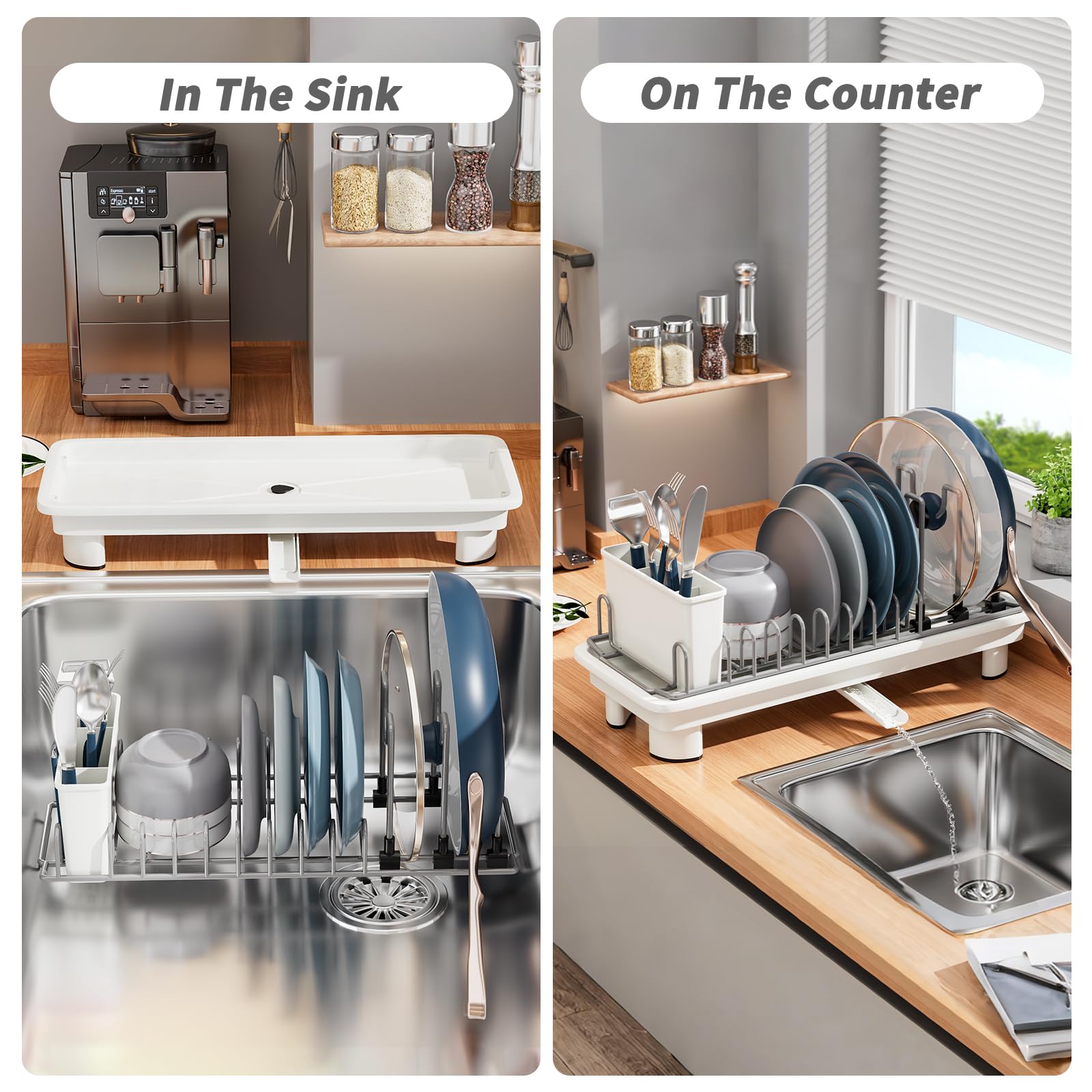 SanDream Escurridor de platos pequeño, estante compacto para encimera de cocina con soporte extraíble para cubiertos, boquilla giratoria de 360°, escurridor de platos multifuncional de acero