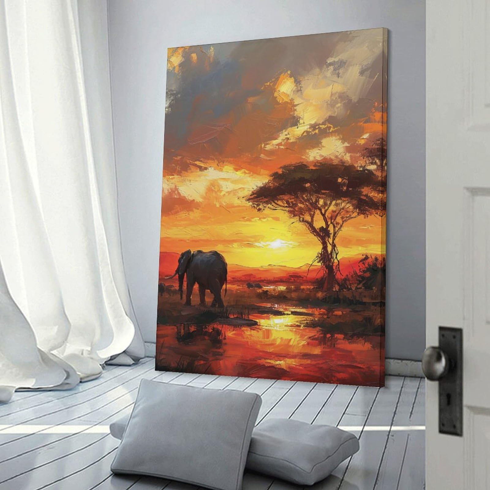 Junmoney Hanging Wall Art Elephant Sunset, 20x30inch(50x75cm), for Wall Displays, Bedrooms Or Room Updates, Wall Decor Suited to Curated Displays