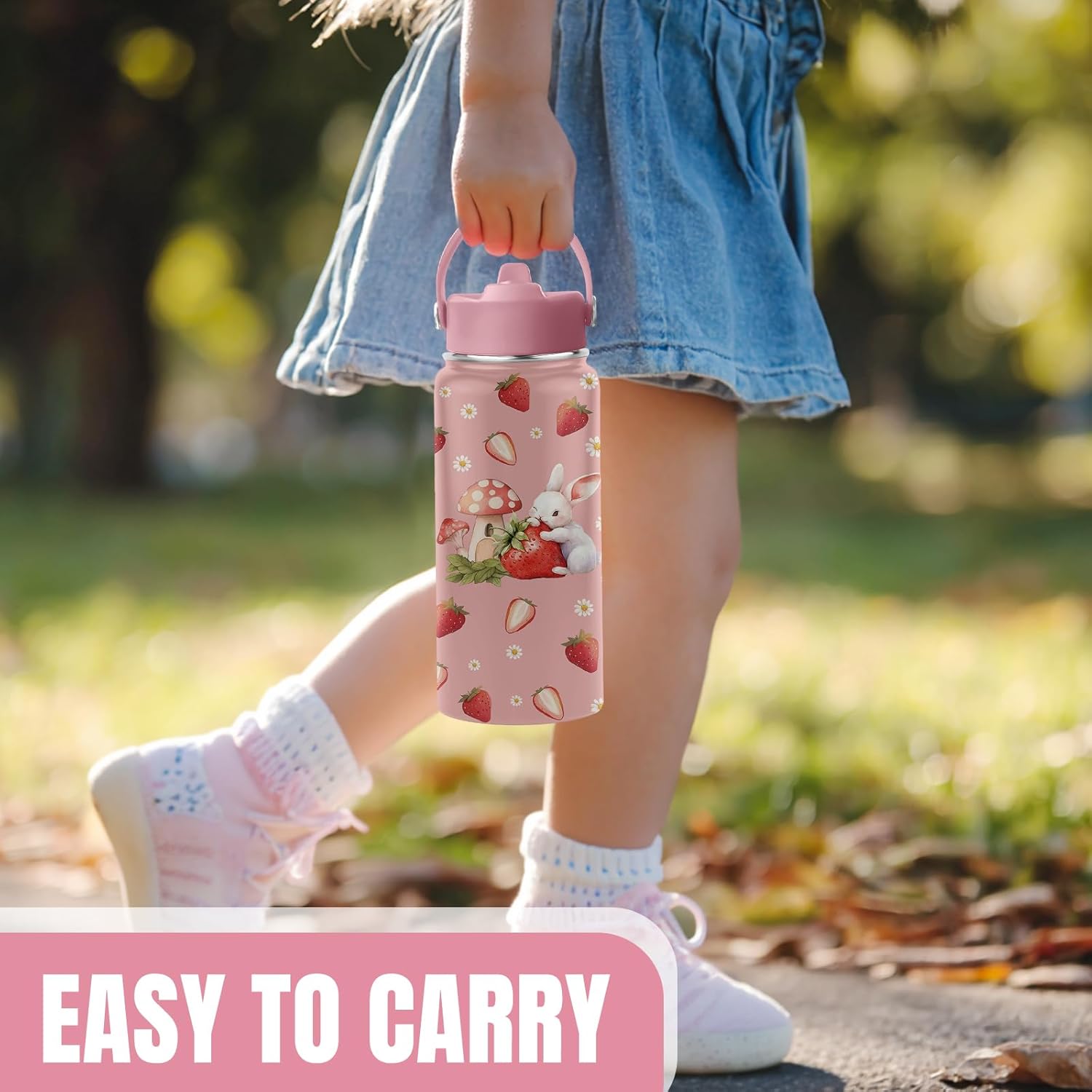 Bunny Gifts for Girls, Cute Water Bottle 16 oz Rabbits Strawberries Water Bottles with Straw Lid, Stainless Steel Insulated Tumbler, Cute Bunny Cup Gifts for Birthday Christmas - Image 7