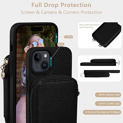Miniatura 4 de Keallce Funda compatible con iPhone 15 de 6.1 pulgadas, cremallera cruzada con ranuras para tarjetas de bloqueo RFID, soporte, cordón y correa de